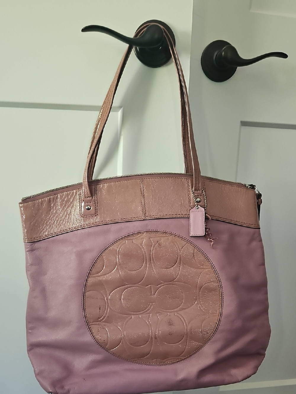 Coach Pink Two-Tone Leather Tote with Signature Circle Logo